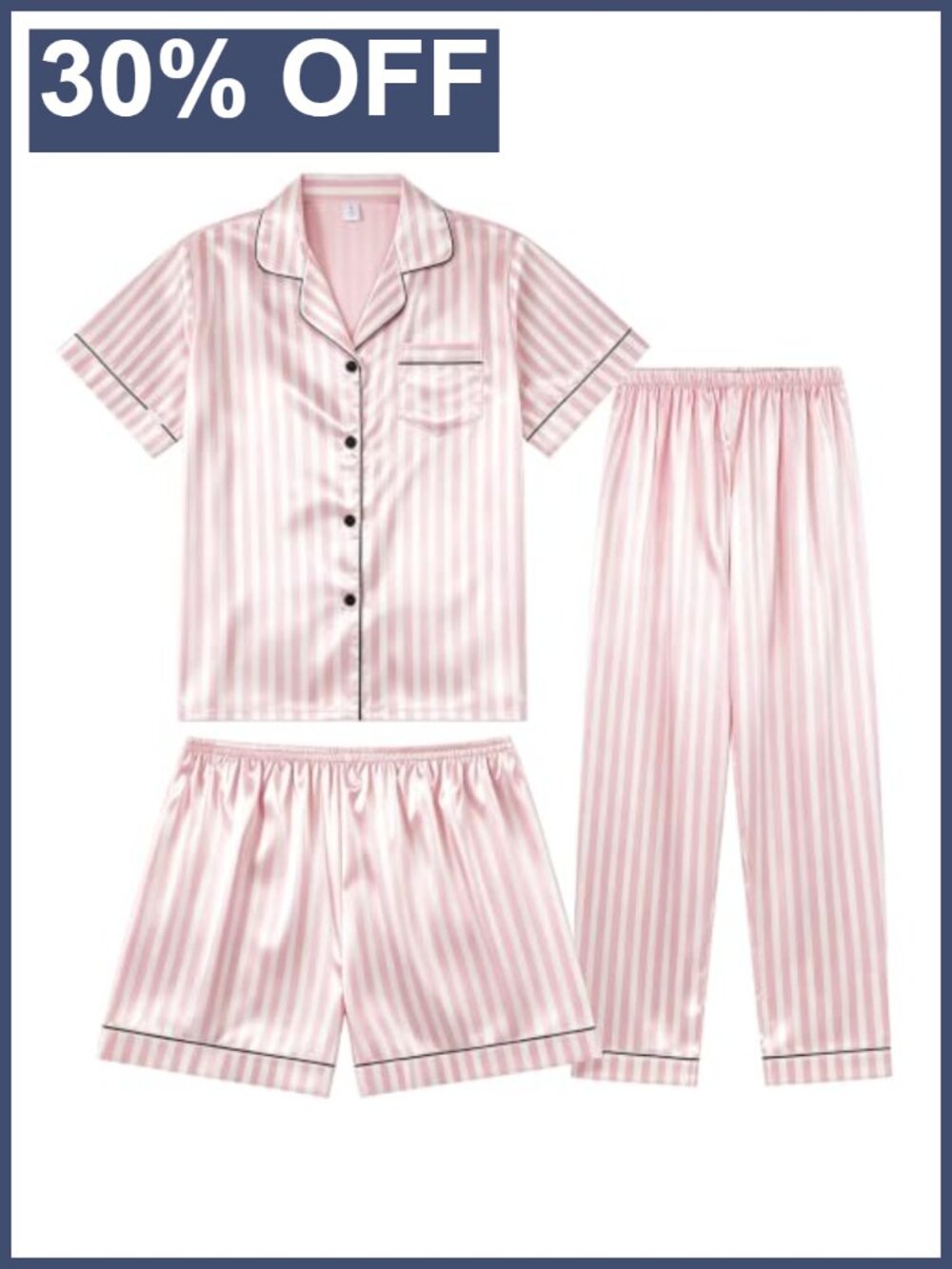 Silk Satin 3 Piece Pajama Set Button Down Short Sleeve V-Neck Sleepwear